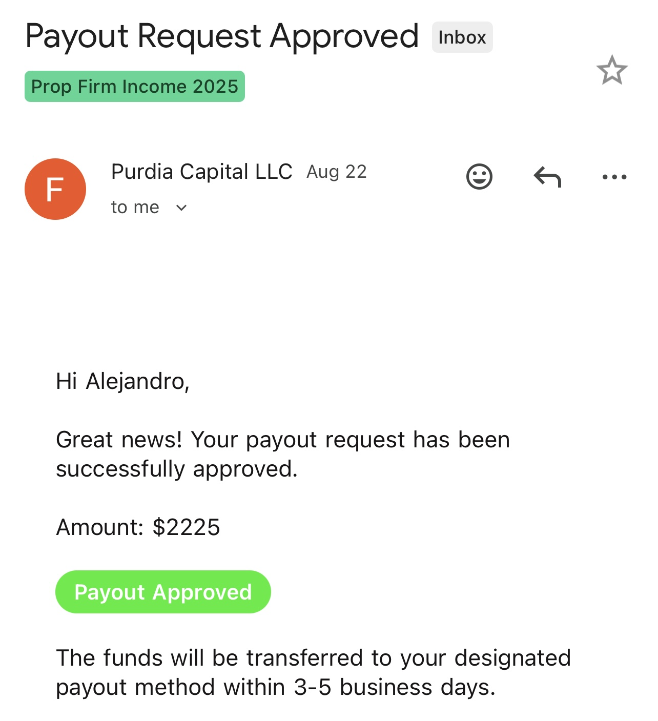 Purdia payout email showing $2,225