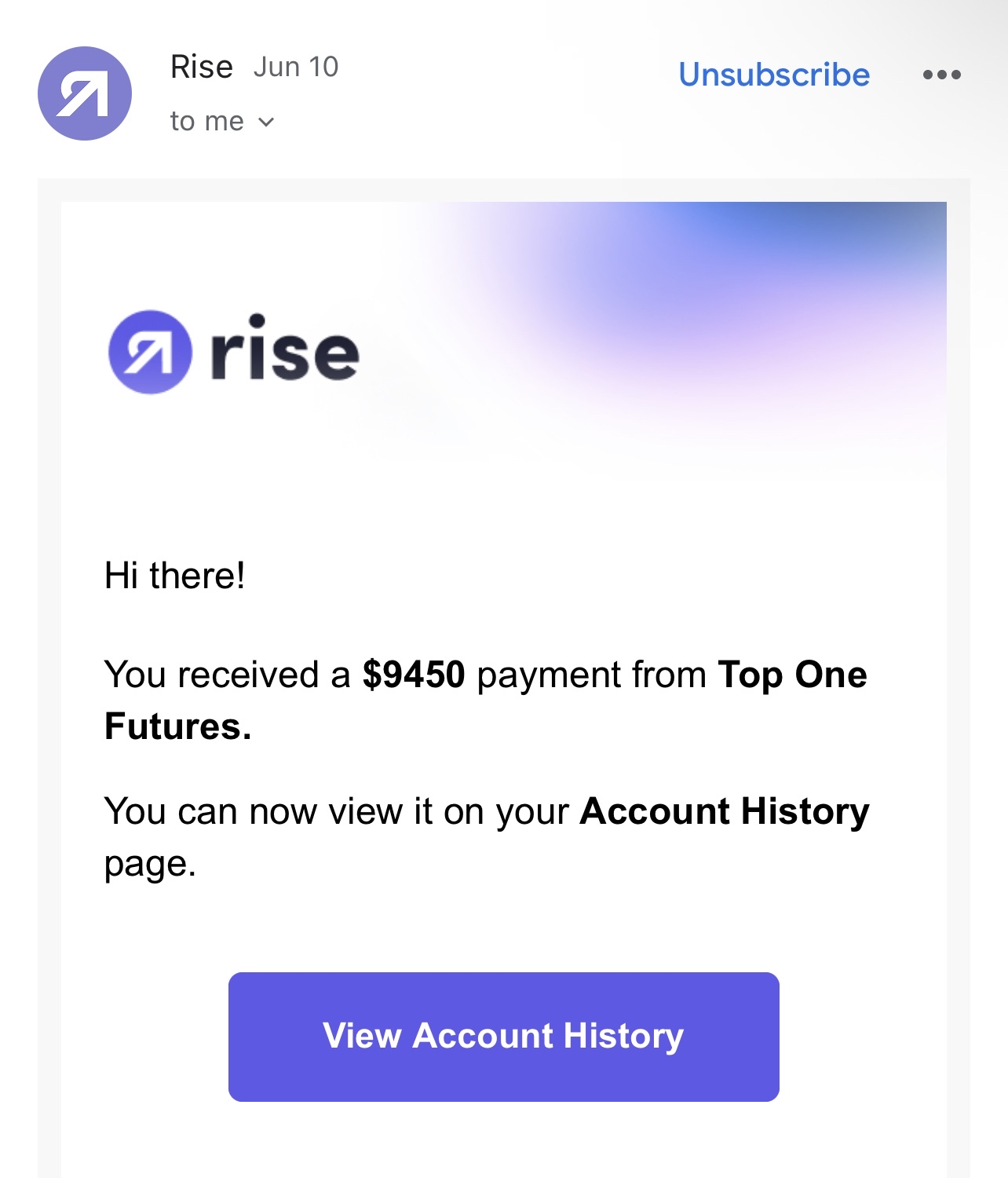 Top One Futures payout email showing $9,450
